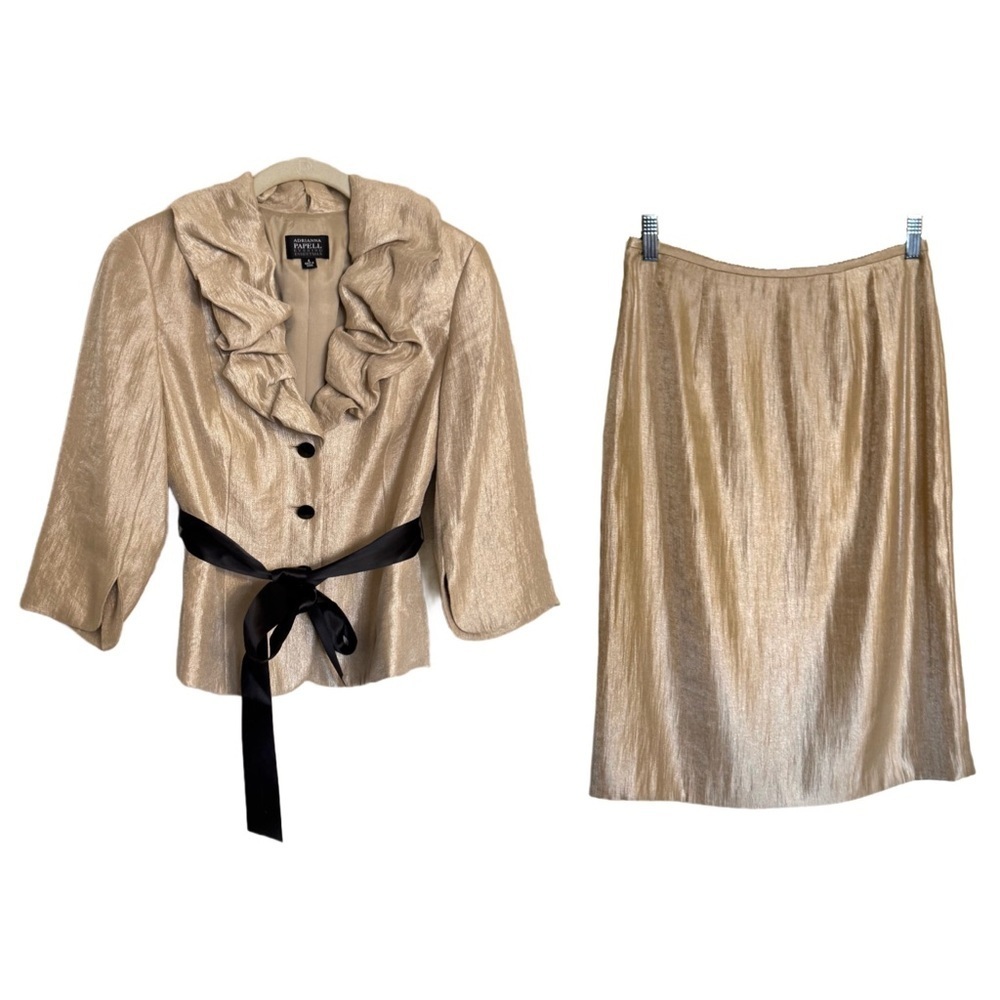 Adrianna Papell Evening Essentials Gold Beige 2 Piece Jacket & Skirt Suit Size 4